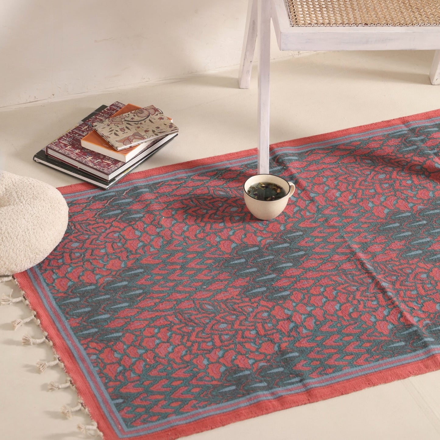 Pure Cotton Rug in size 3X5ft in Coral and Teal | Ideal for Living Room or Bedroom | Dry Clean only | Chintz Collection
