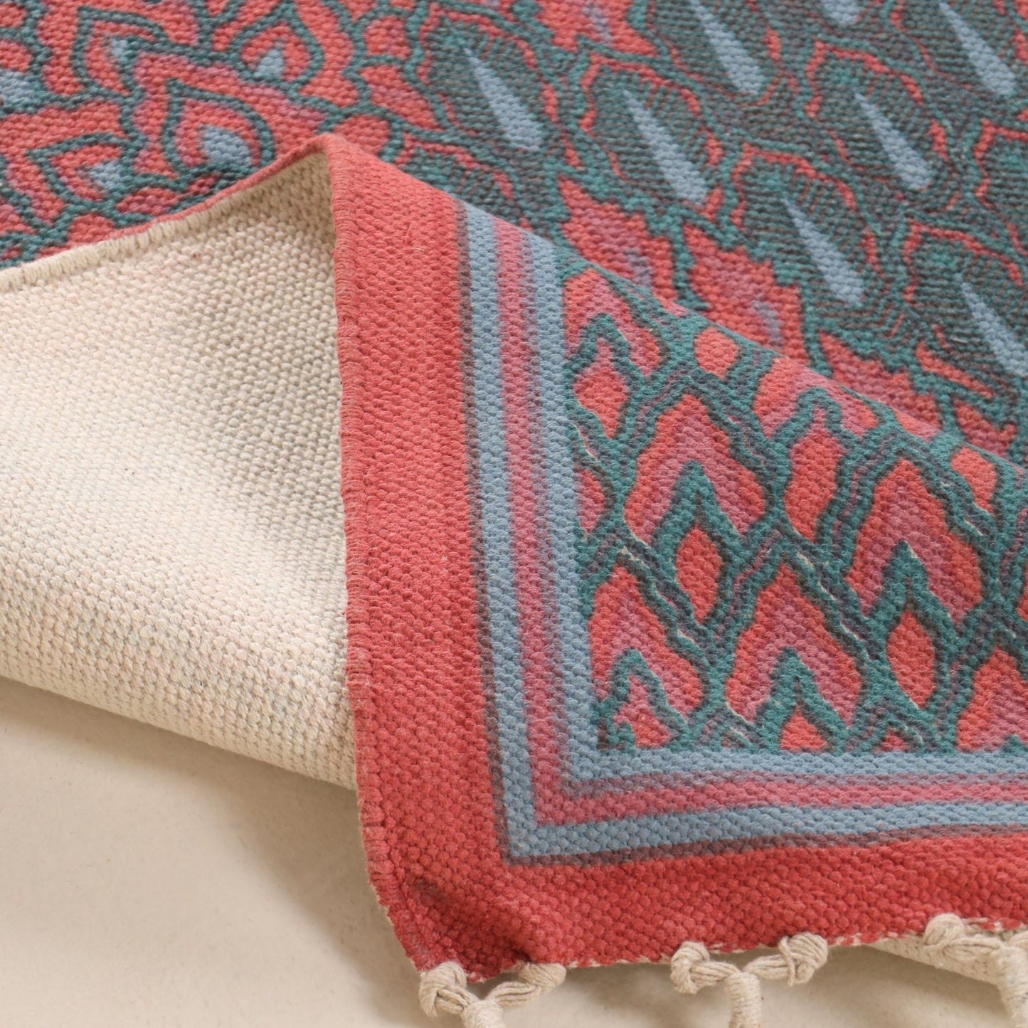 Pure Cotton Rug in size 3X5ft in Coral and Teal | Ideal for Living Room or Bedroom | Dry Clean only | Chintz Collection
