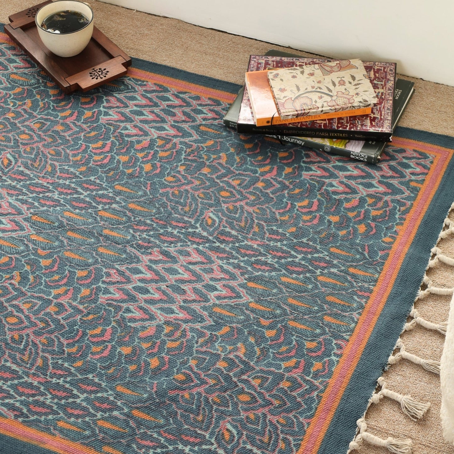 Pure Cotton Rug in size 3X5ft in Navy| Coral and Powder Blue| Ideal for Living Room or Bedroom | Dry Clean only | Chintz Collection