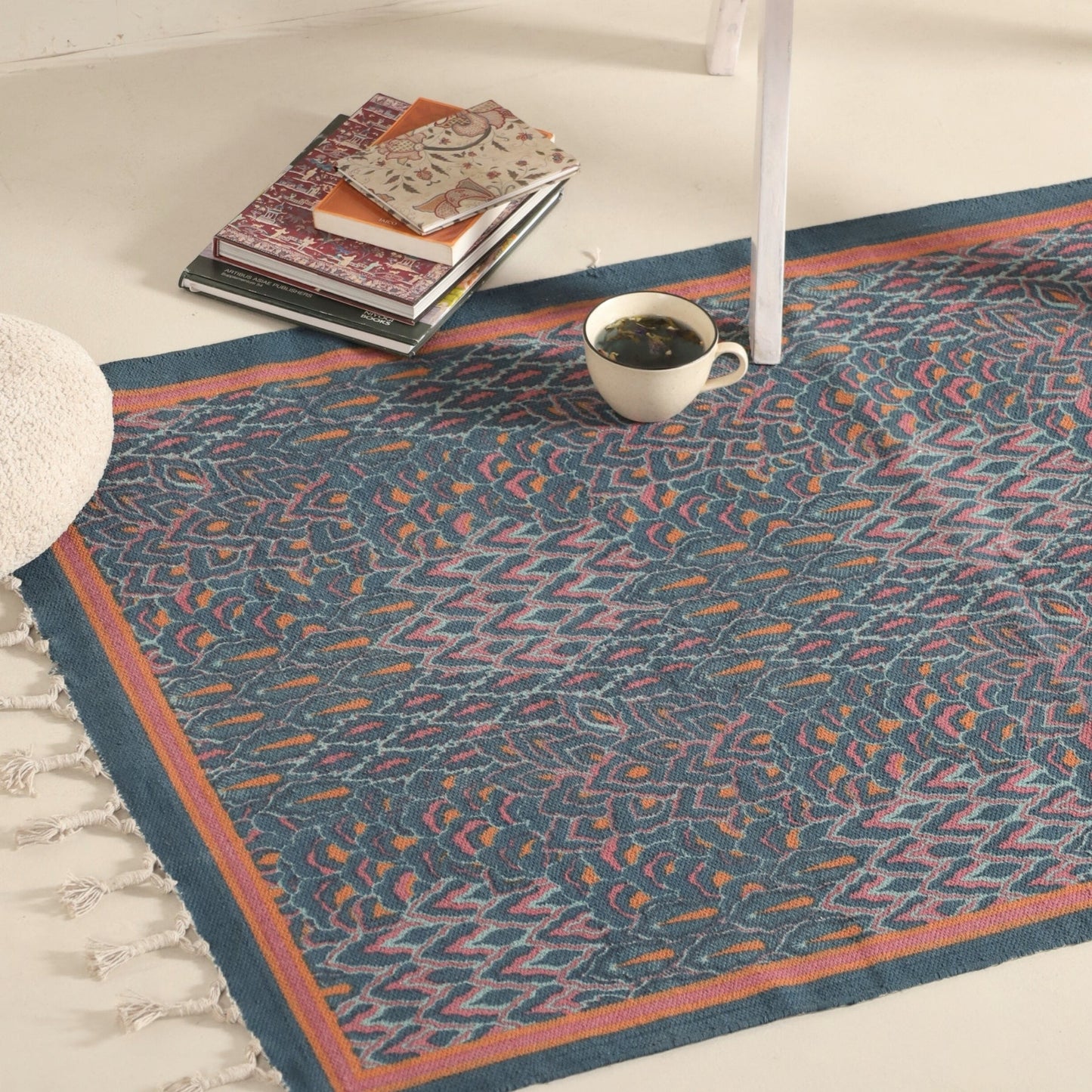 Pure Cotton Rug in size 3X5ft in Navy| Coral and Powder Blue| Ideal for Living Room or Bedroom | Dry Clean only | Chintz Collection