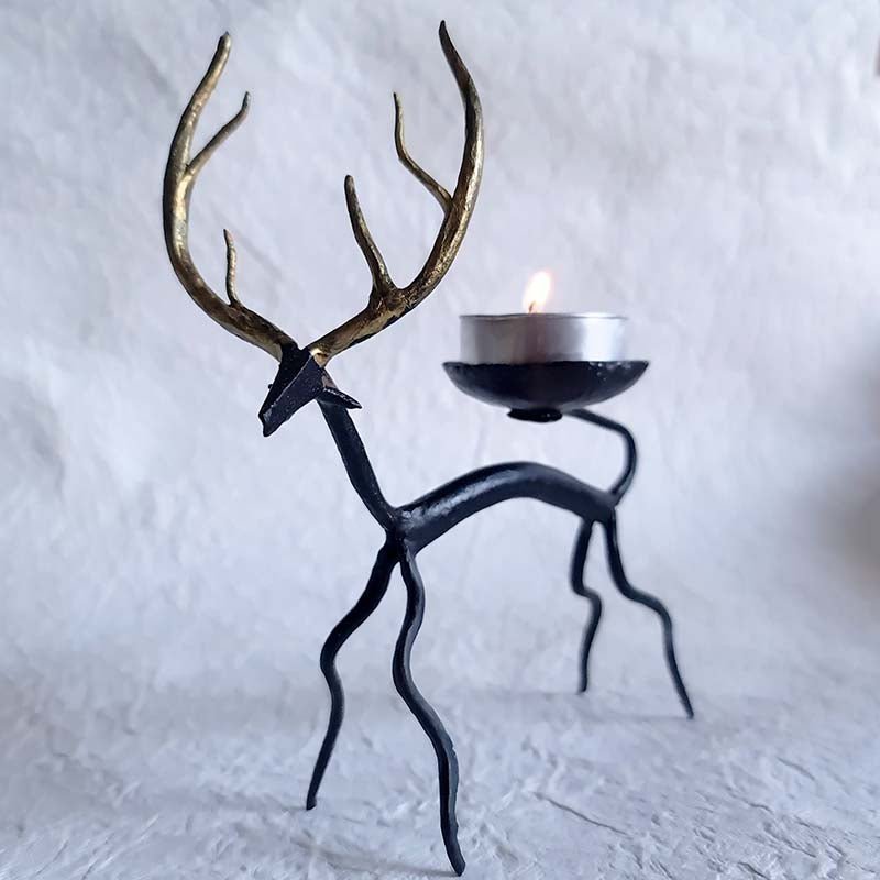 Elegance in Iron: Set of 2 Bastar Handmade Golden Deer Tealight Holders