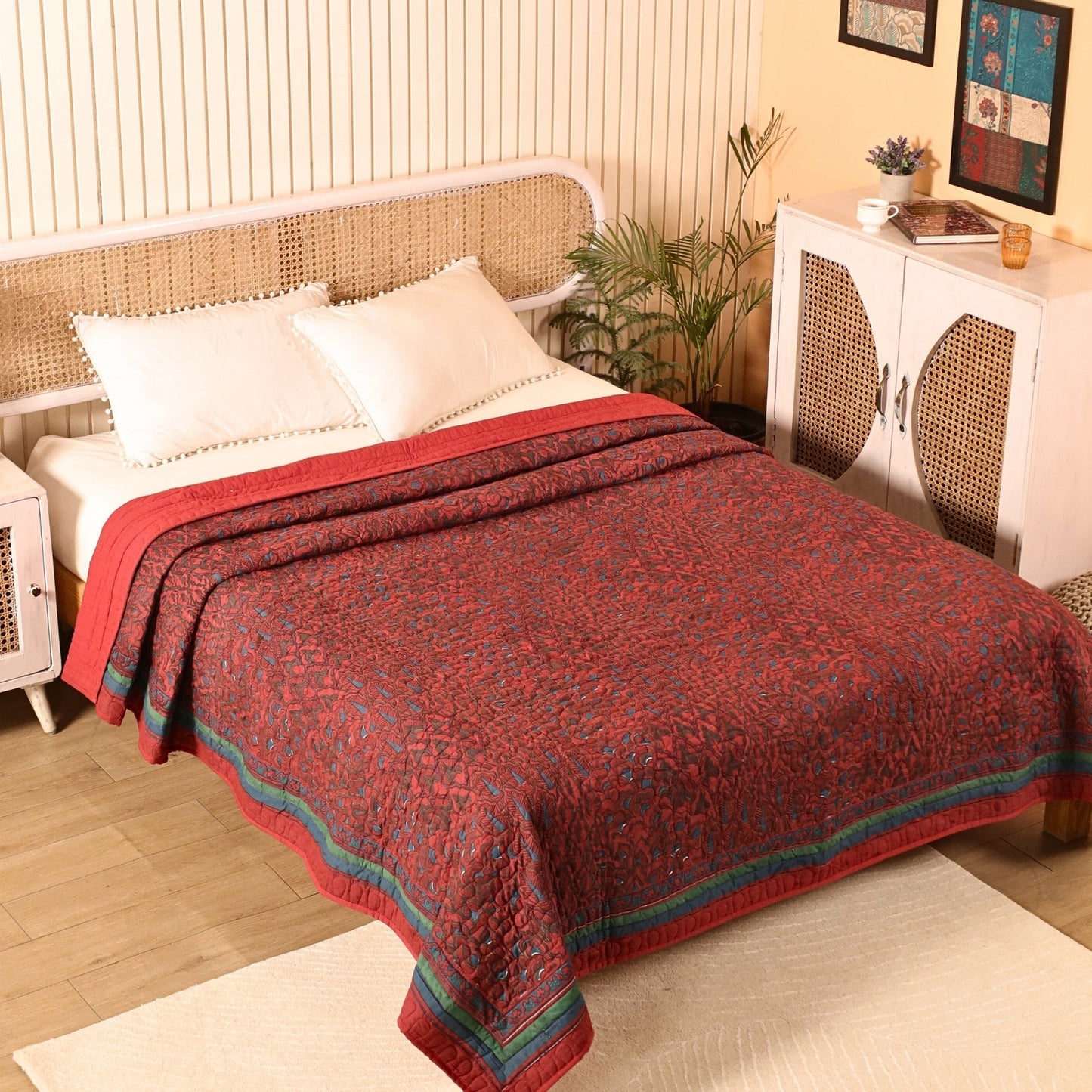 Pure Cotton All Weather Comforter in Brick Red and Navy Blue colours | Versatile as Quilts or AC Blanket or Quilted Bedcover | Avbl in Single and Queen sizes | Dry Clean Only | Chintz Collection