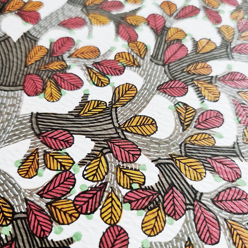 Gond tribal painting portraying peacocks around the Tree of Life, highlighting the unique style and cultural significance