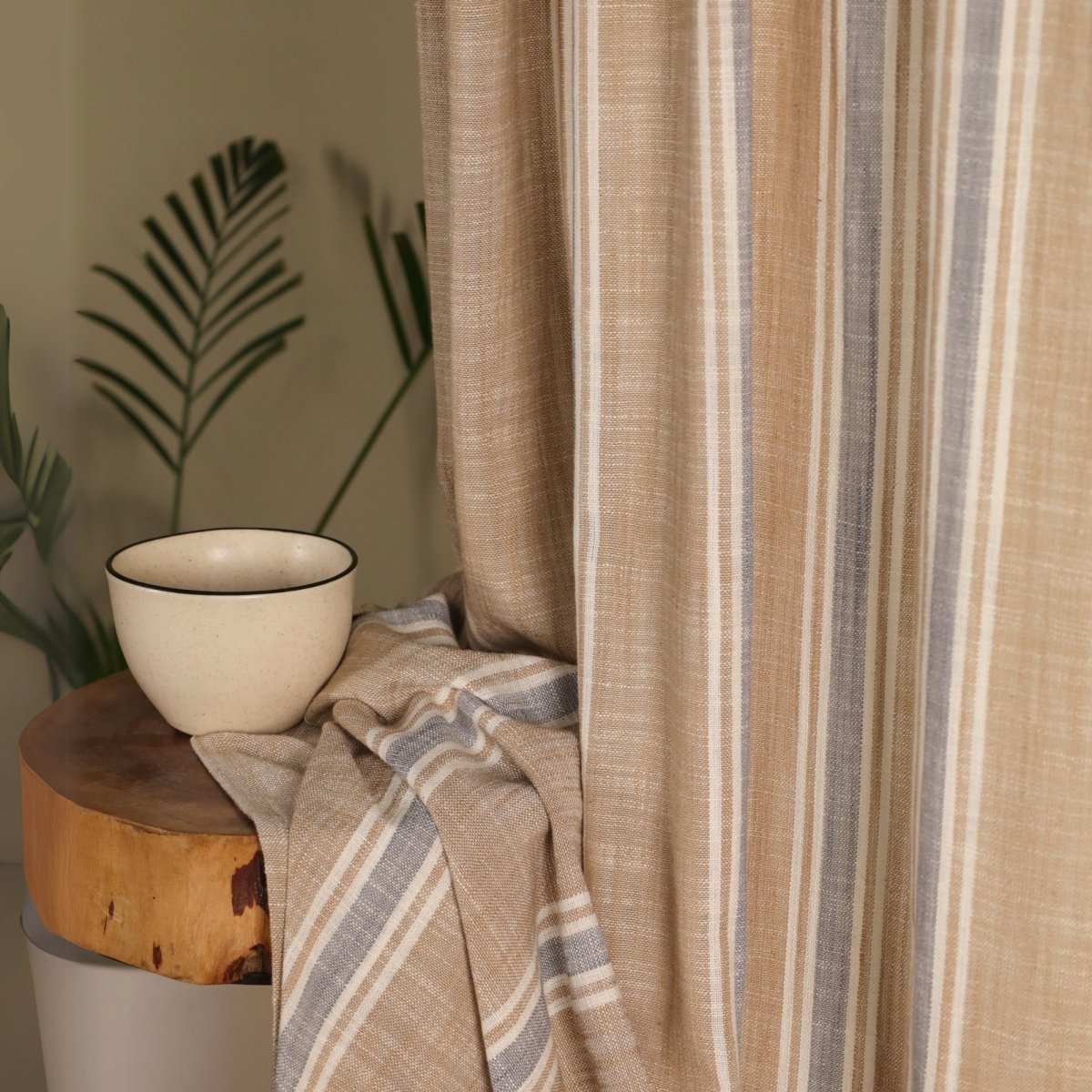 Beige & Blue Handwoven Cotton Striped Curtain | 7 ft/9 ft Length