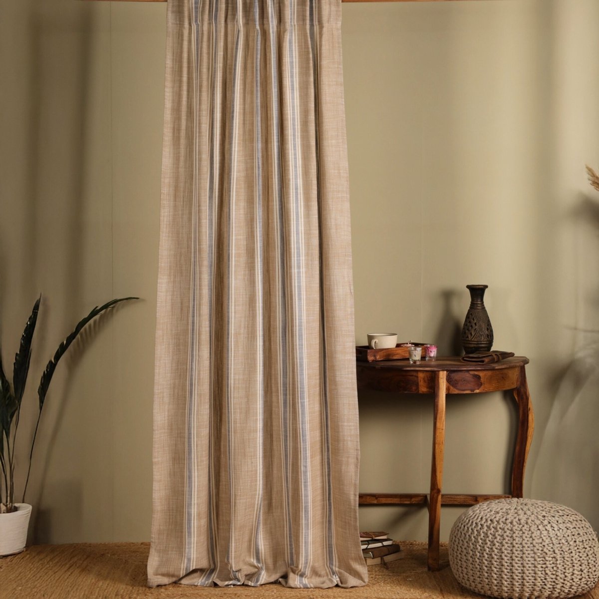 Beige & Blue Handwoven Cotton Striped Curtain | 7 ft/9 ft Length