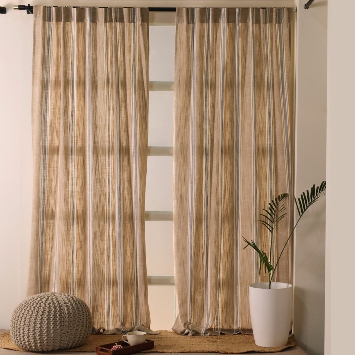 Beige & Blue Handwoven Cotton Striped Curtain | 7 ft/9 ft Length