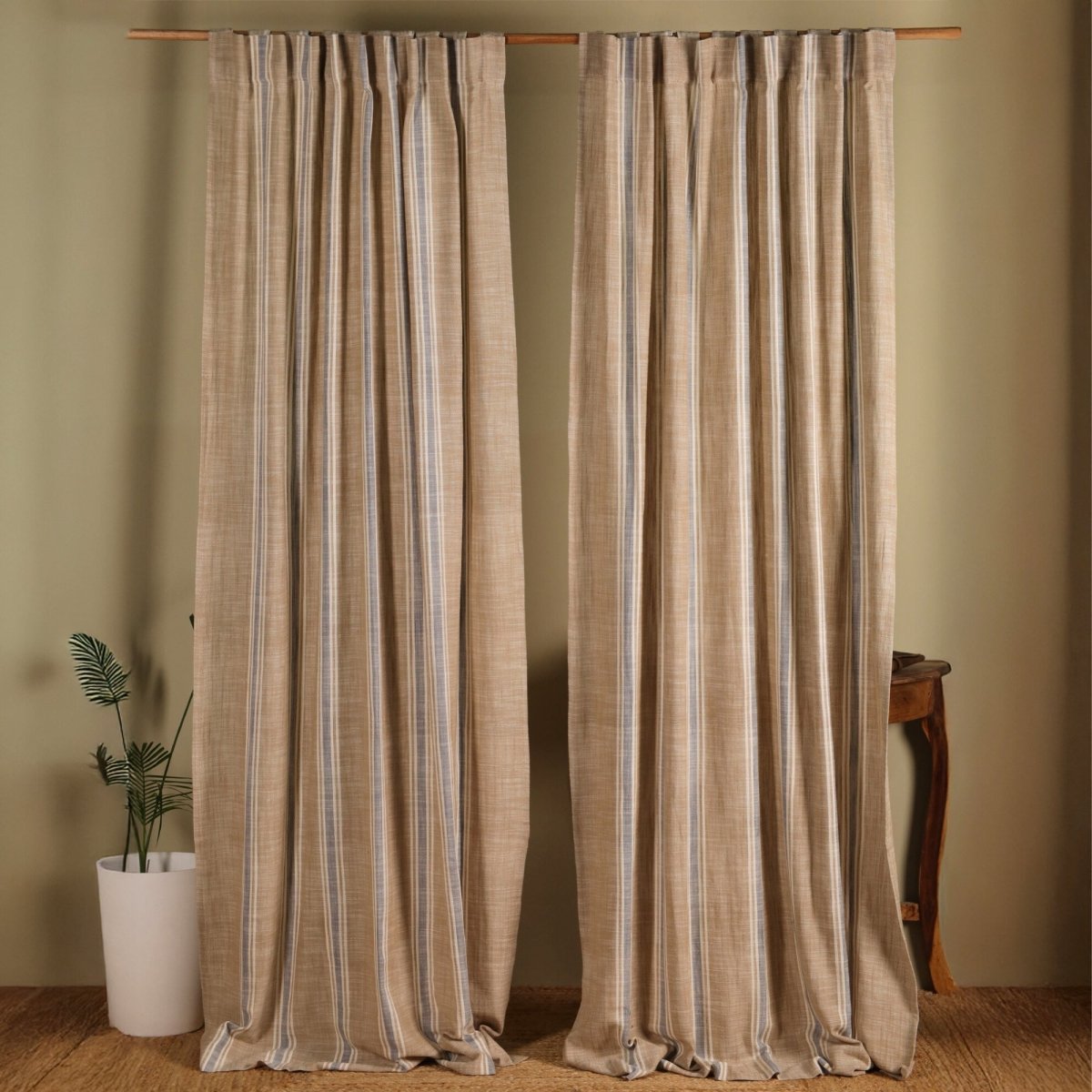 Beige & Blue Handwoven Cotton Striped Curtain | 7 ft/9 ft Length