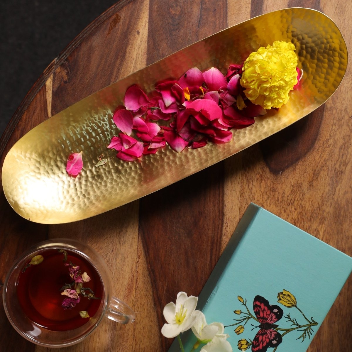 Brass Serving Tray Platter - Matt Finish Hammered Serveware | Kitchen Decor Items | Handmade In India
