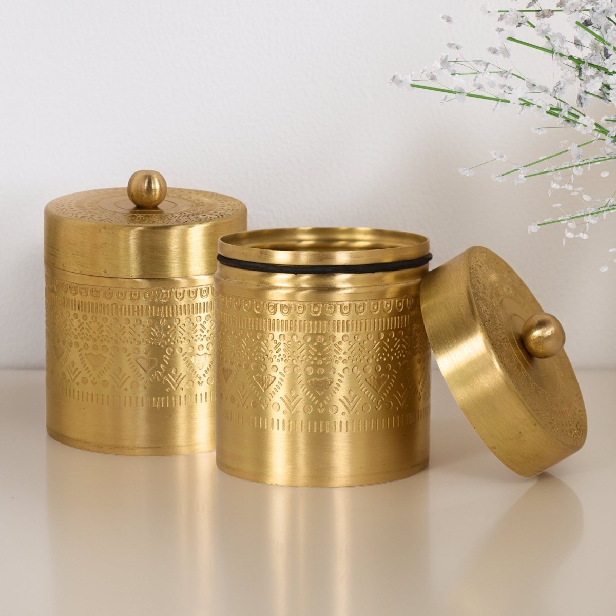 Brass Storage Jar/Container with Lid for Tea, Sugar & Spice in Kitchen Use | Set of 2 | Handmade in India
