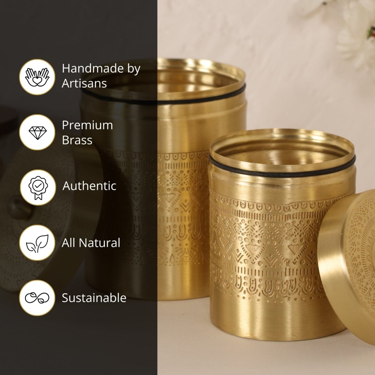 Brass Storage Jar/Container with Lid for Tea, Sugar & Spice in Kitchen Use | Set of 2 | Handmade in India