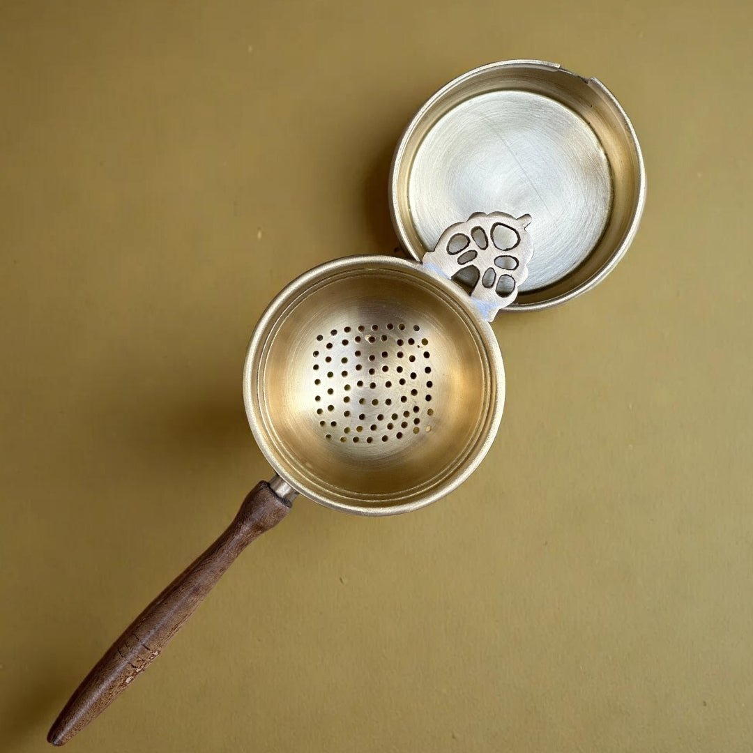 Brass & Wood Tea Strainer & bowl for Everyday Luxury Kitchen usage | Wooden Handle | Handmade in India