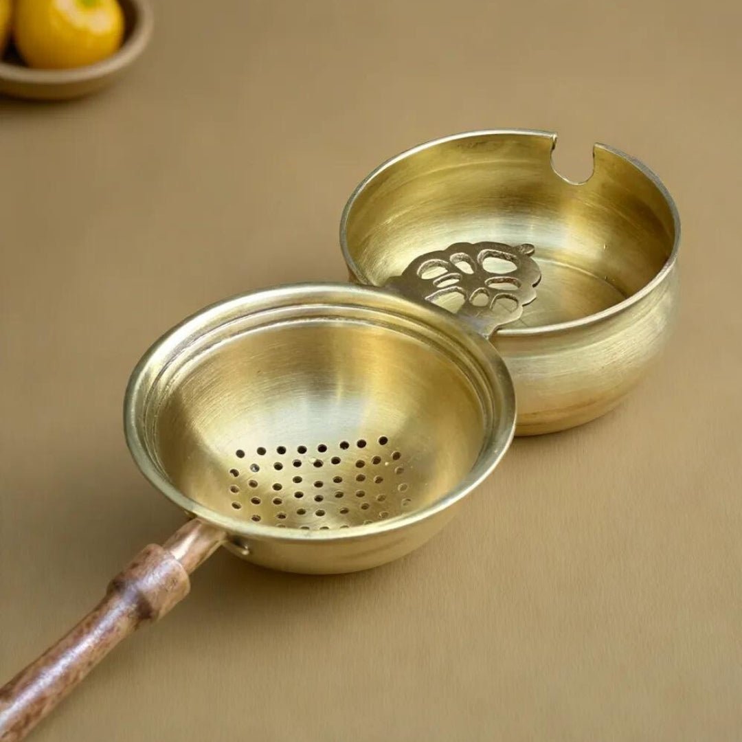 Brass & Wood Tea Strainer & bowl for Everyday Luxury Kitchen usage | Wooden Handle | Handmade in India
