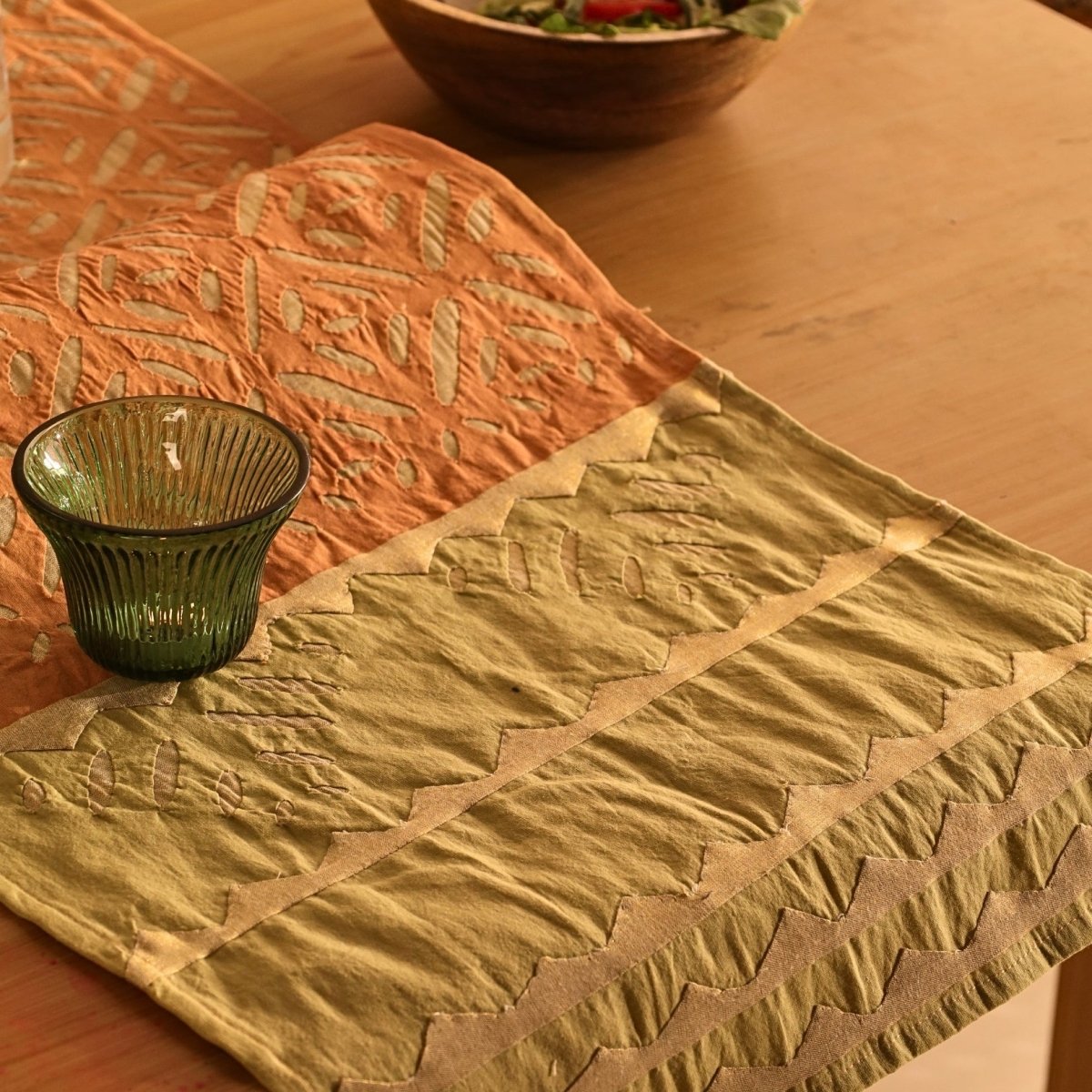 Coral & Sage Green Applique Cotton Dining Table Runner | 15" x 60" | Marigold Collection