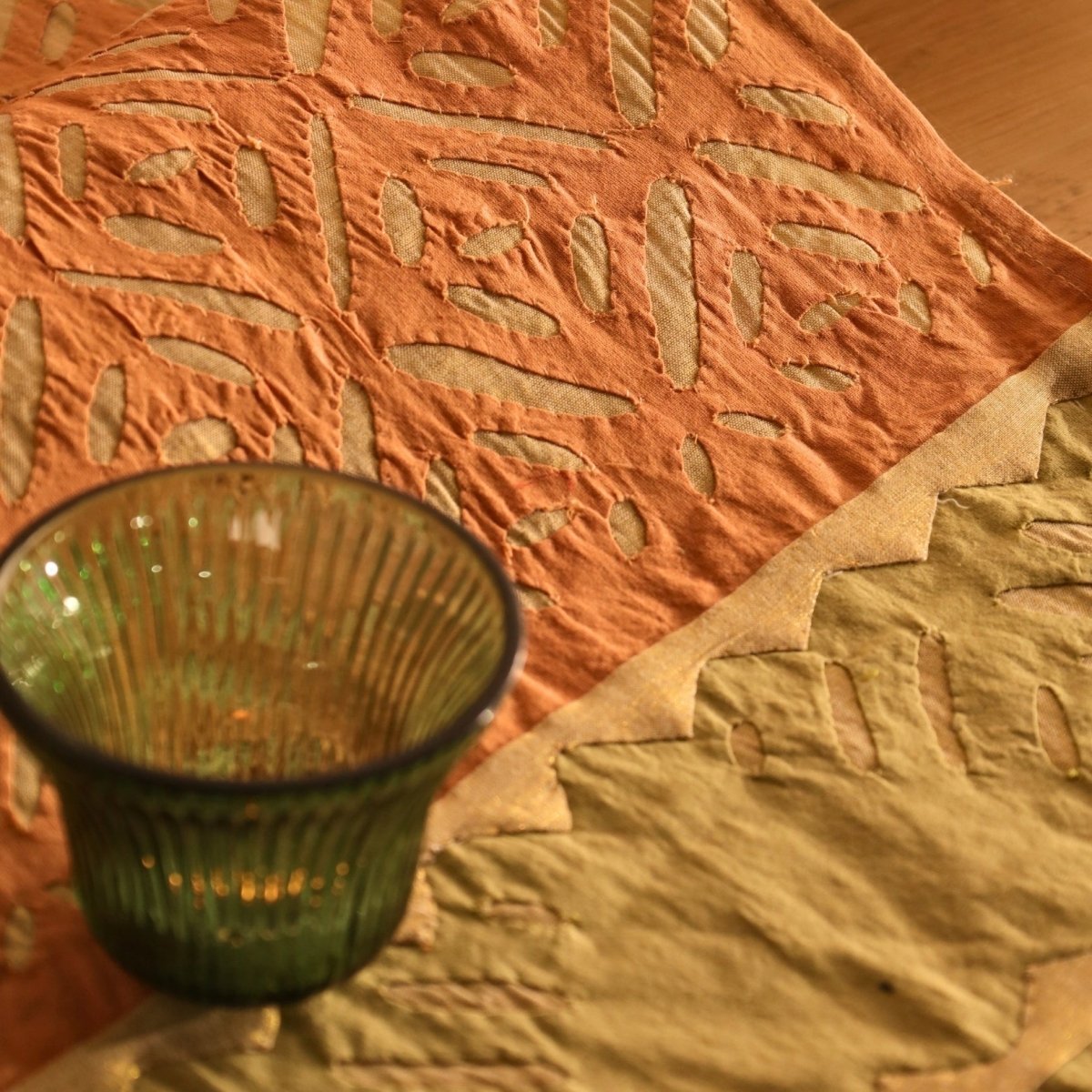 Coral & Sage Green Applique Cotton Dining Table Runner | 15" x 60" | Marigold Collection