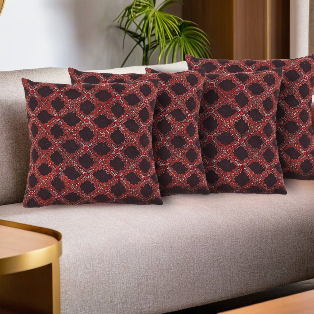 Cotton Cushion Covers Embroidered And Block Printed In Black And Red Set Of 1/2/4 | 16 x 16 | Handmade In India
