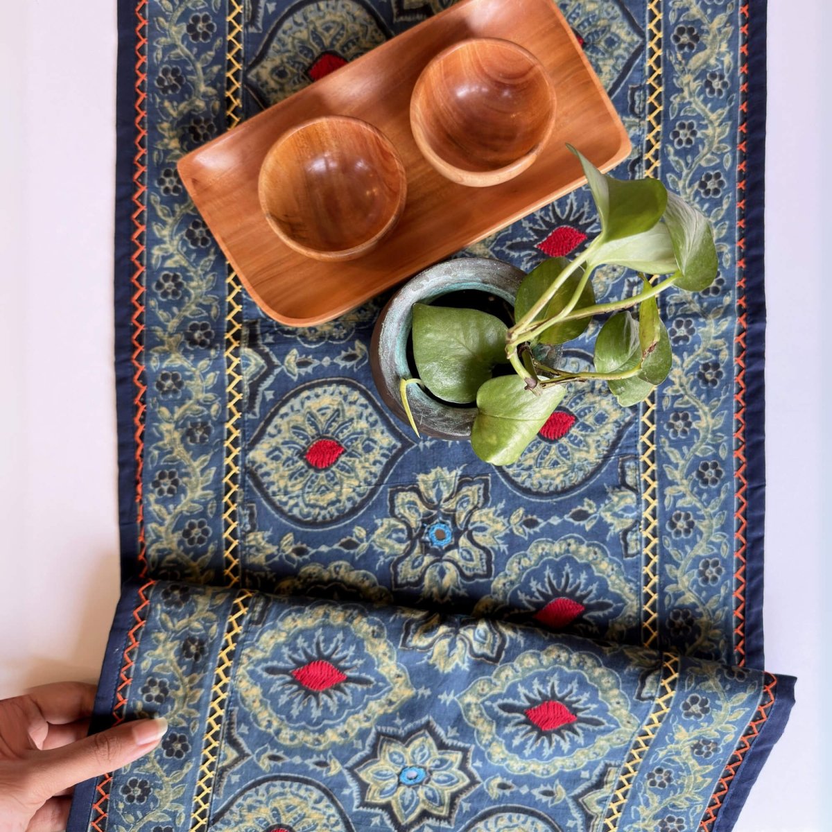 Cotton Dining Table Runner with Block Print Blue | Eco Friendly Tableware Sustainably Crafted from Pure Cotton | Handmade In India