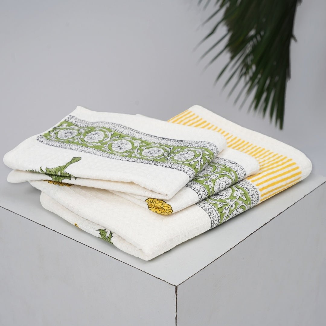 Cotton Hand And Bath Towel Set | Block Printed In Marigold Pattern | Super Absorbent, Soft & Faster Drying | 300 GSM | Handmade In India