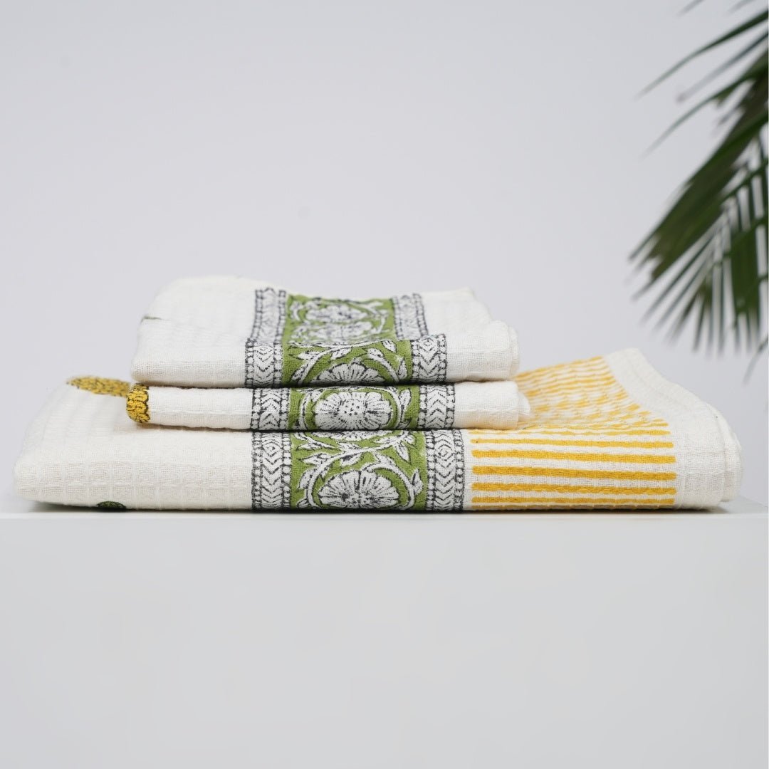 Cotton Hand And Bath Towel Set | Block Printed In Marigold Pattern | Super Absorbent, Soft & Faster Drying | 300 GSM | Handmade In India