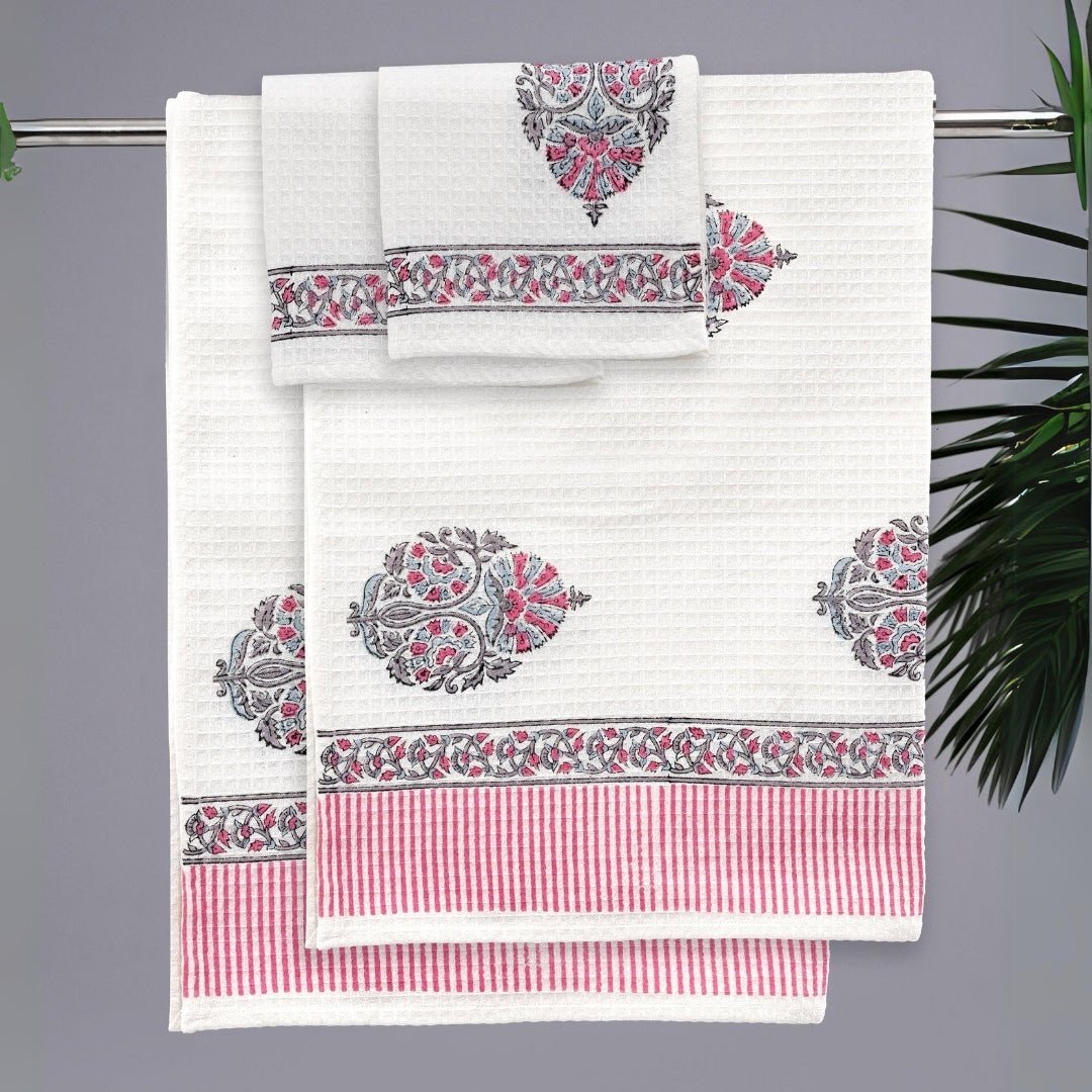Pure Cotton Towels Sets Block Printed in Petal Pattern