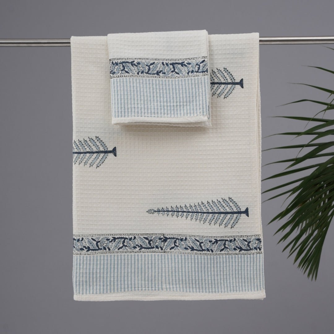 Cotton Hand And Bath Towel Set | Block Printed In White & Blue Pattern | Absorbent & Faster Drying | 300 GSM | Handmade In India