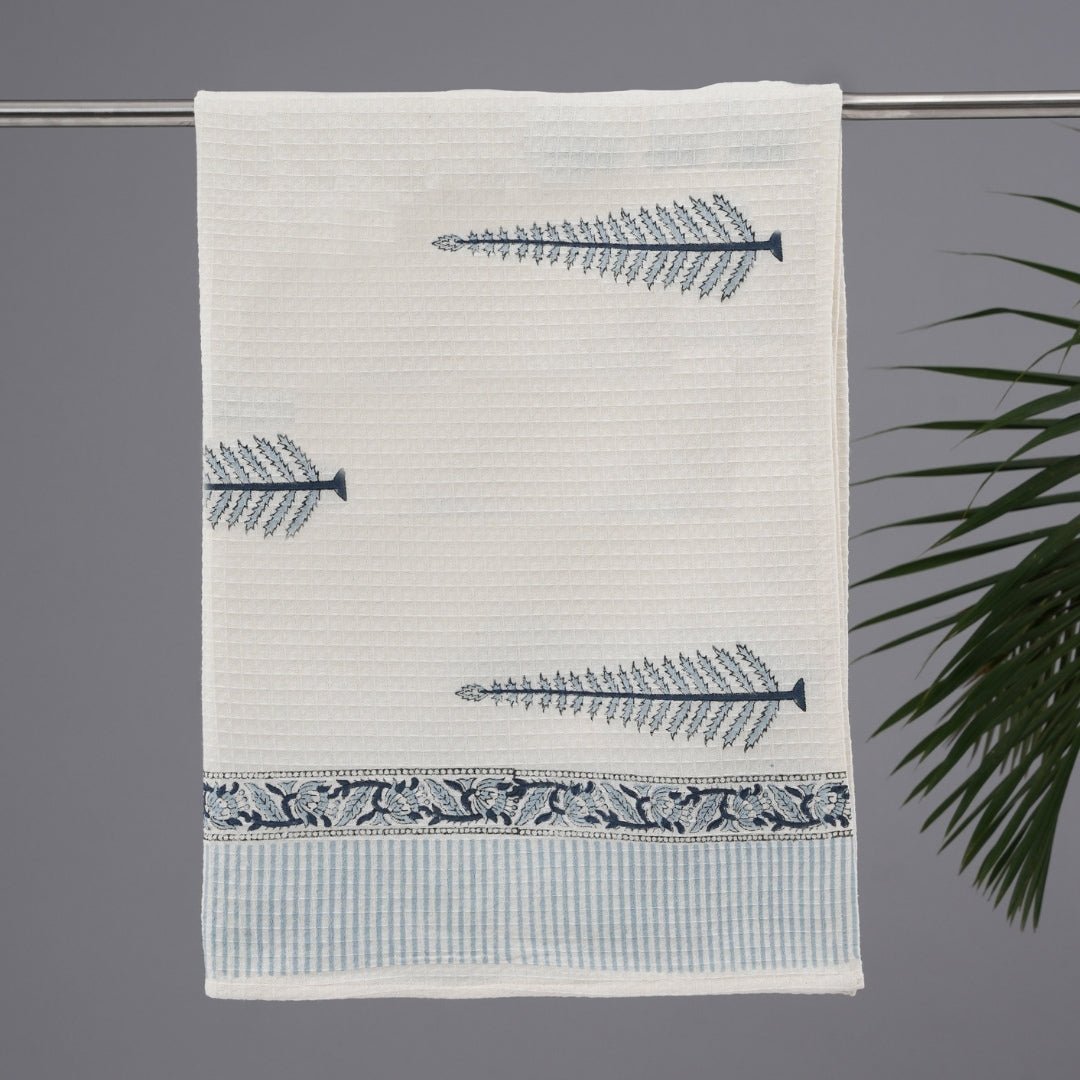 White & Blue Cotton Towel Handprinted by Artisans