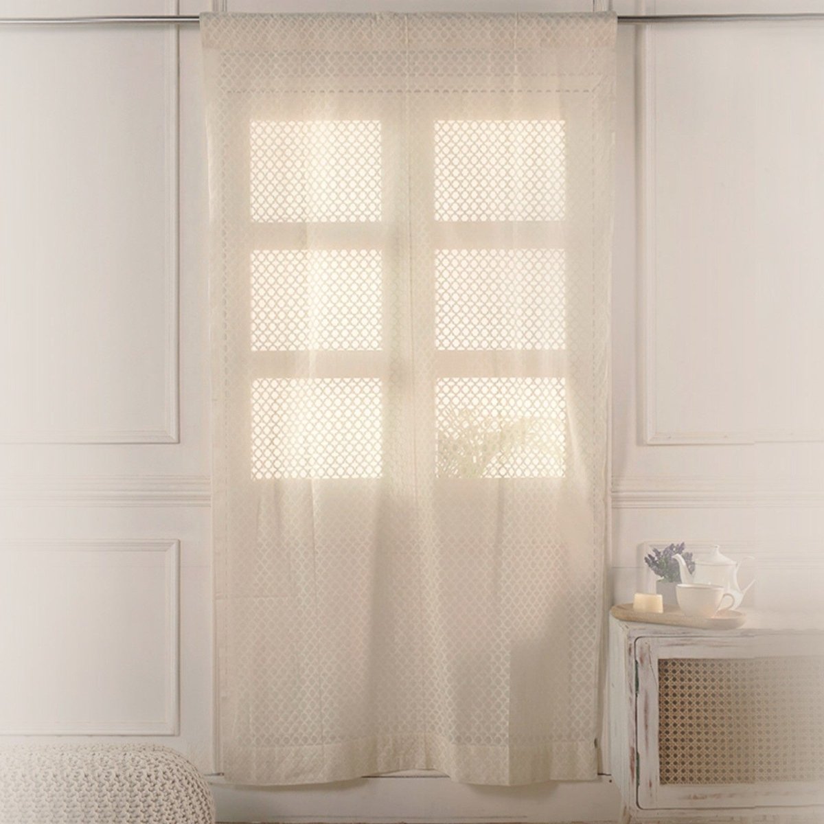 Cotton Silk Semi Sheer Door Curtains | 5/7 Feet | Handwoven Chanderi Fabric White | Handmade In India