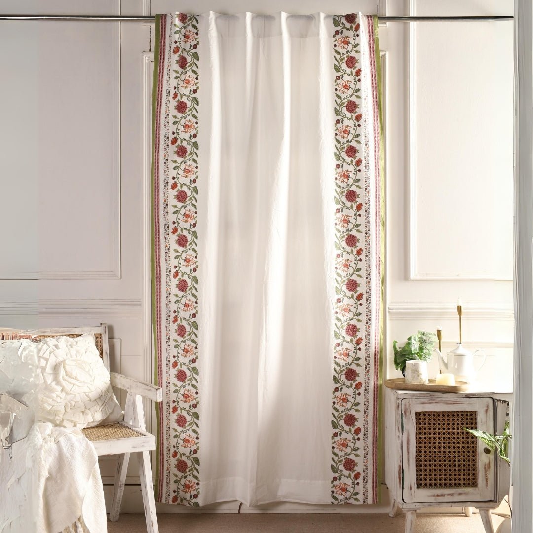 Cotton Window And Door Curtains With Hand Block Printed Floral Pattern Border | 5 / 7 ft| Handmade In India