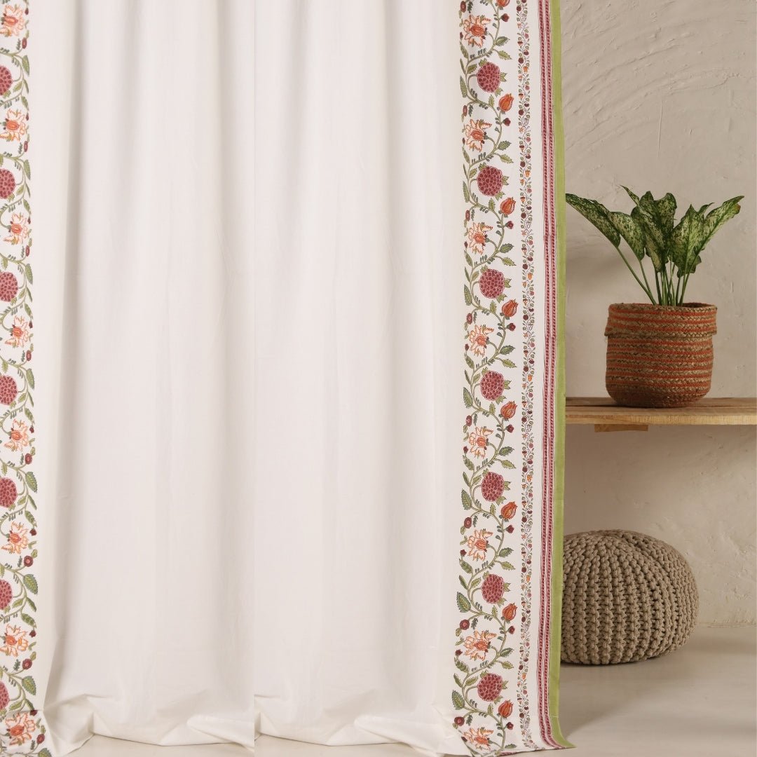 Cotton Window And Door Curtains With Hand Block Printed Floral Pattern Border | 5 / 7 ft| Handmade In India