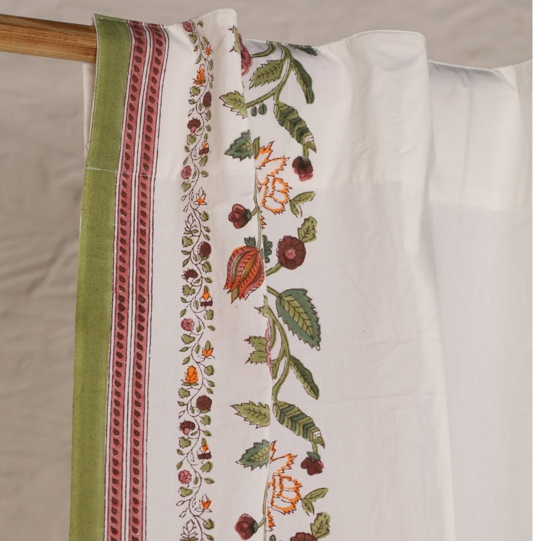 Cotton Window And Door Curtains With Hand Block Printed Floral Pattern Border | 5 / 7 ft| Handmade In India