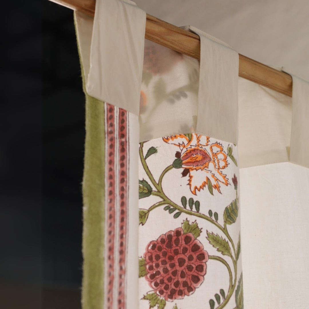 Cotton Window And Door Curtains With Hand Block Printed Floral Pattern Border | 5 / 7 ft| Handmade In India