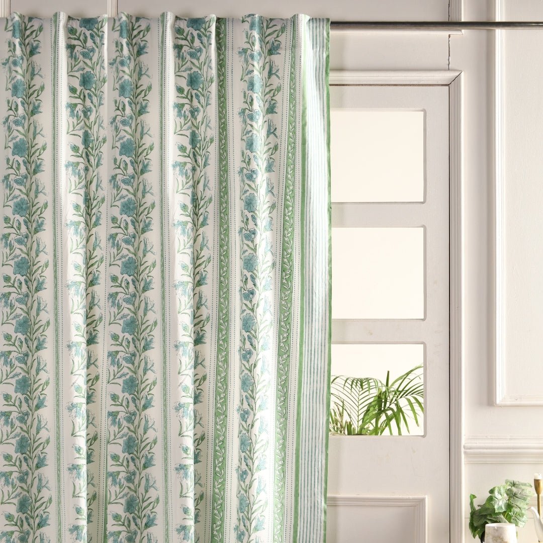 Cotton Window And Door Curtains With Hand Block Printed In Light Green & White | 5 / 7 ft| Handmade In India