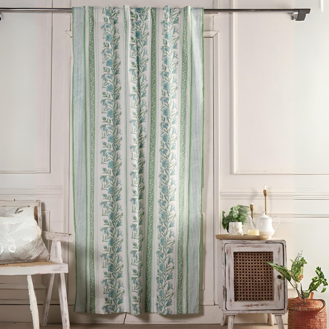 Cotton Window And Door Curtains With Hand Block Printed In Light Green & White | 5 / 7 ft| Handmade In India