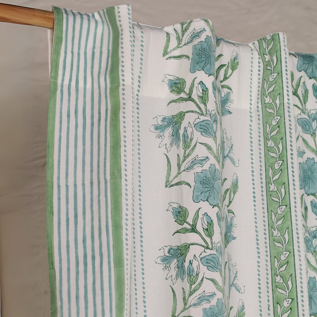 Cotton Window And Door Curtains With Hand Block Printed In Light Green & White | 5 / 7 ft| Handmade In India