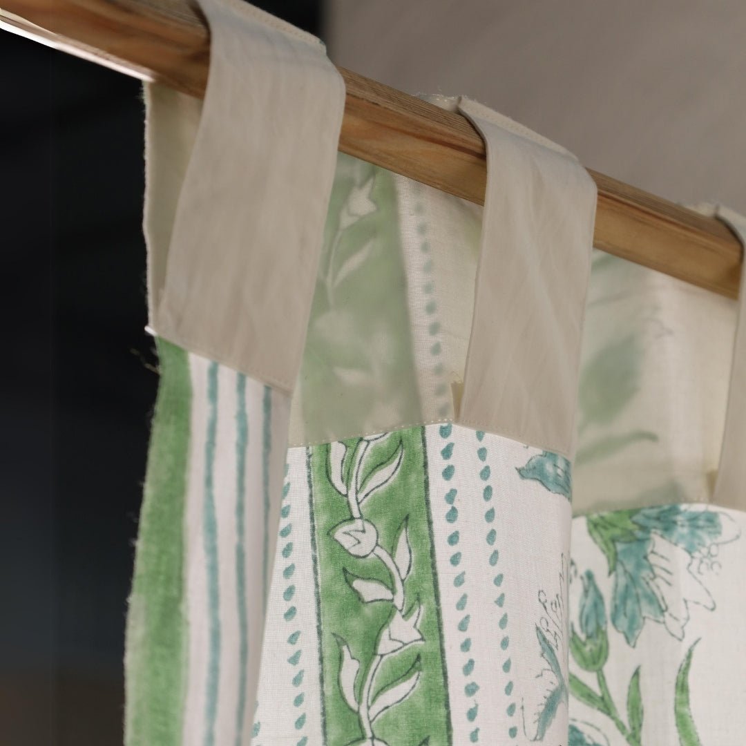 Cotton Window And Door Curtains With Hand Block Printed In Light Green & White | 5 / 7 ft| Handmade In India
