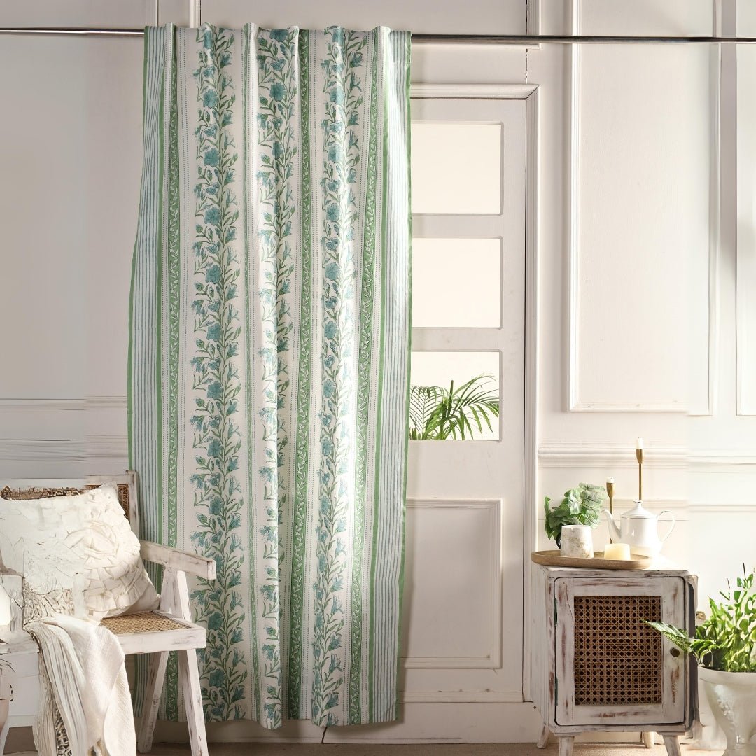 Cotton Window And Door Curtains With Hand Block Printed In Light Green & White | 5 / 7 ft| Handmade In India