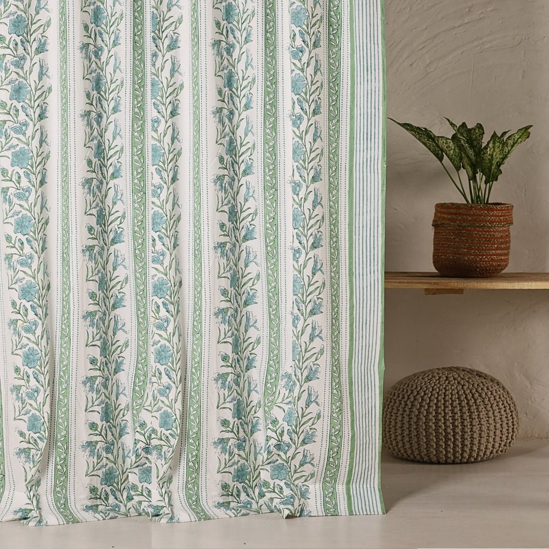 Cotton Window And Door Curtains With Hand Block Printed In Light Green & White | 5 / 7 ft| Handmade In India