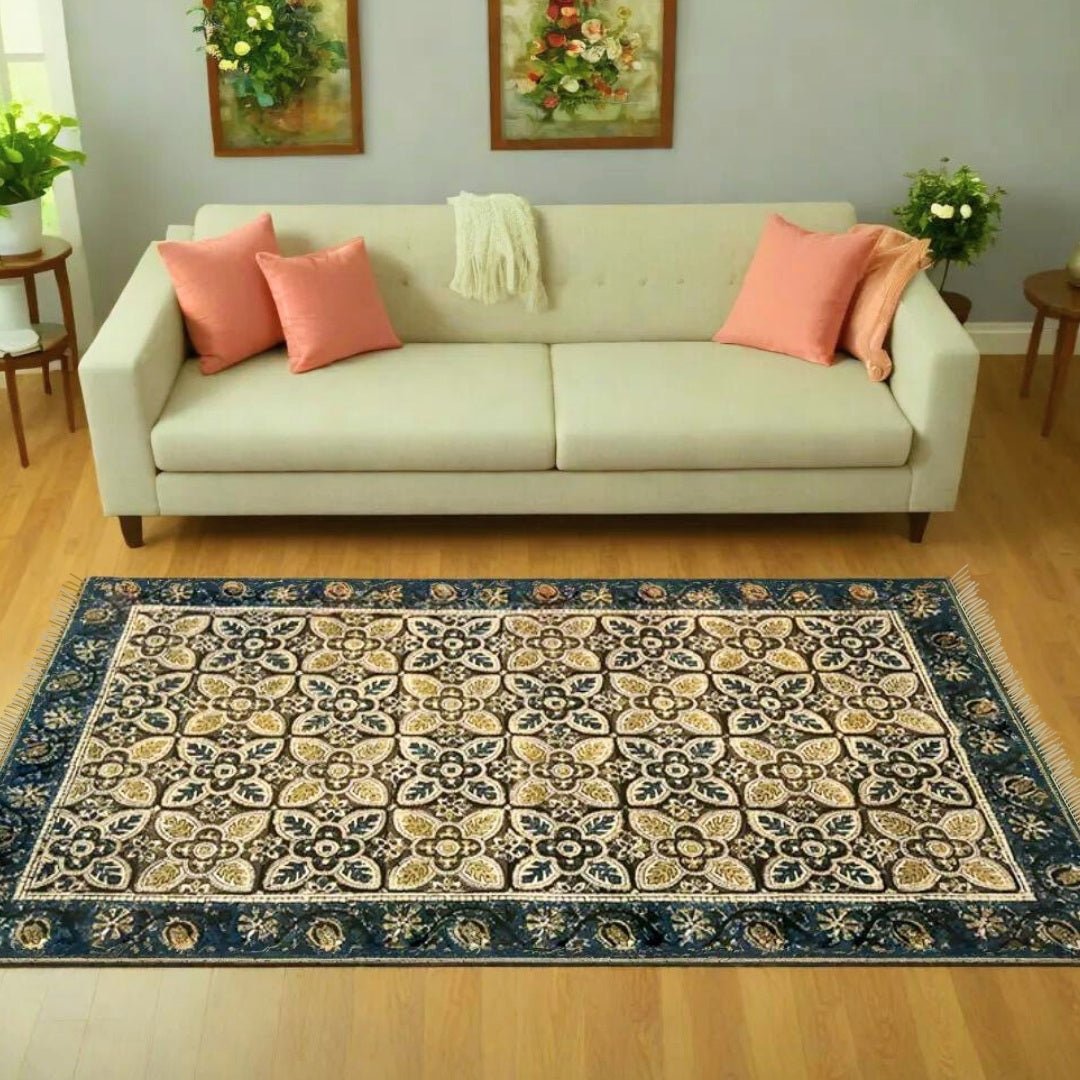 Handcrafted Kalamkari Print Cotton Rug in Indigo and Beige with a Border