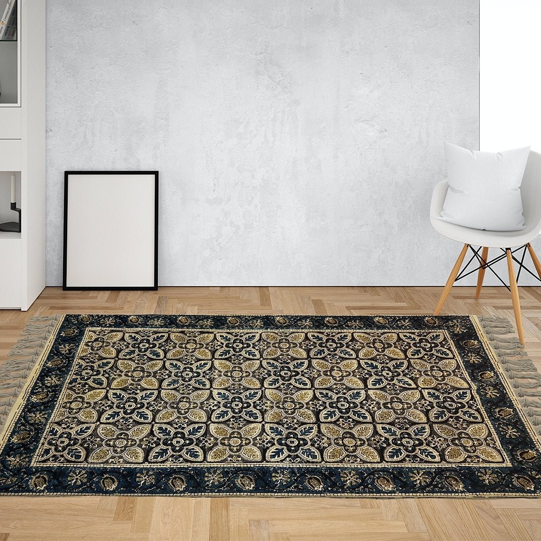 Handcrafted Kalamkari Print Cotton Rug in Indigo and Beige with a Border