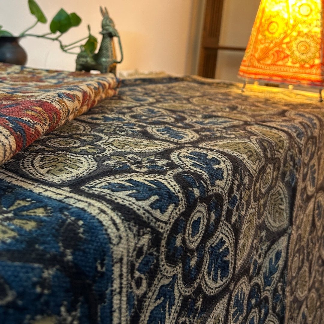 Handcrafted Kalamkari Print Cotton Rug in Indigo and Beige with a Border