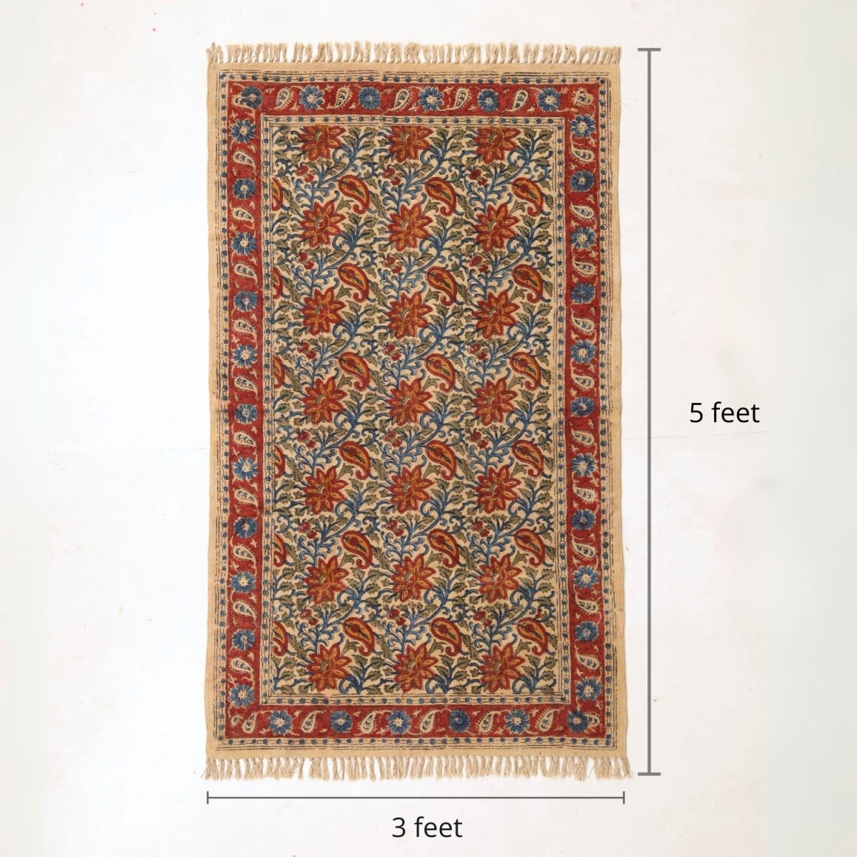 Handcrafted Kalamkari Print Cotton Rug with a Paisley Pattern in Red, Blue, and Beige