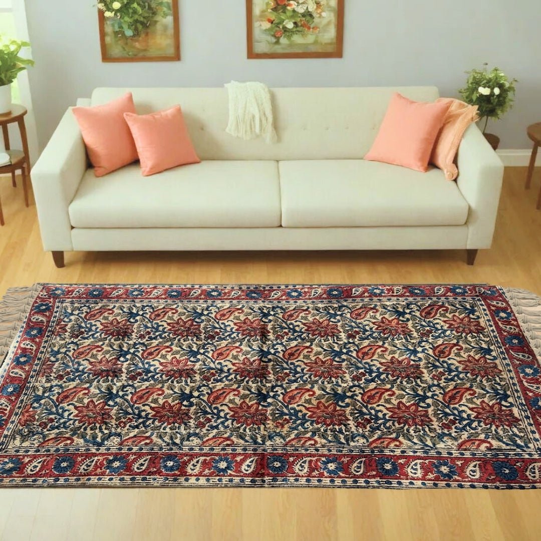 Handcrafted Kalamkari Print Cotton Rug with a Paisley Pattern in Red, Blue, and Beige
