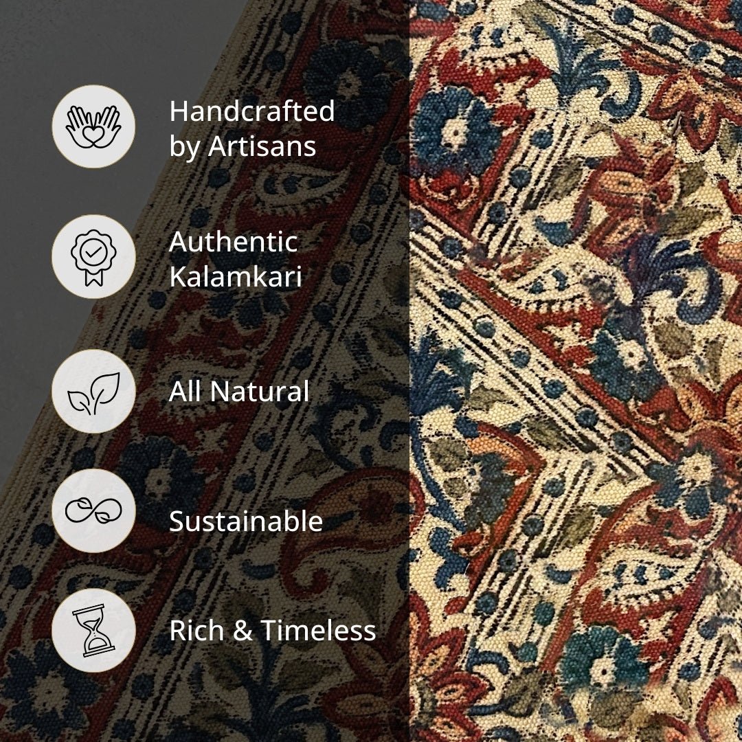Handcrafted Kalamkari Print Cotton Rug with a Paisley Pattern in Red, Blue, and Beige