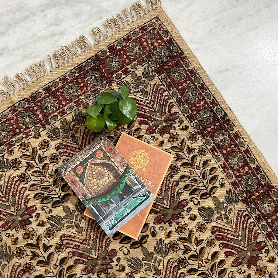 Handmade Cotton Rugs In Floral Kalamkari Print | Handmade In India