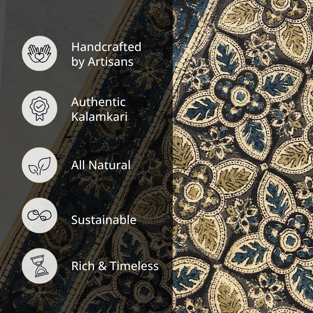 Handmade Cotton Rugs In A Indigo And Beige Kalamkari Print | Handmade In India
