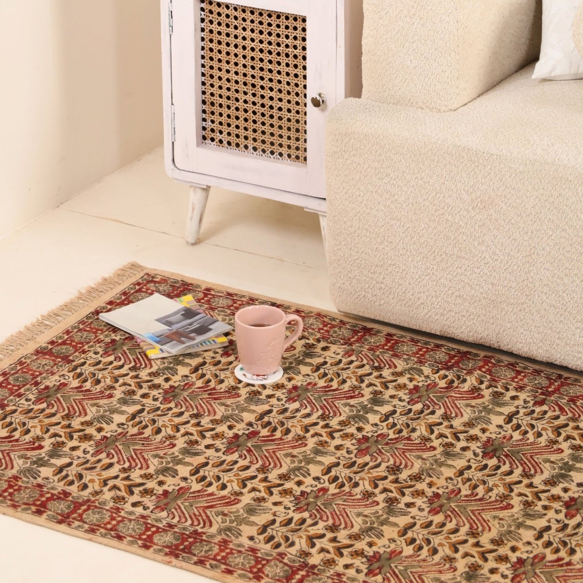 Handmade Cotton Rugs In Floral Kalamkari Print | Handmade In India