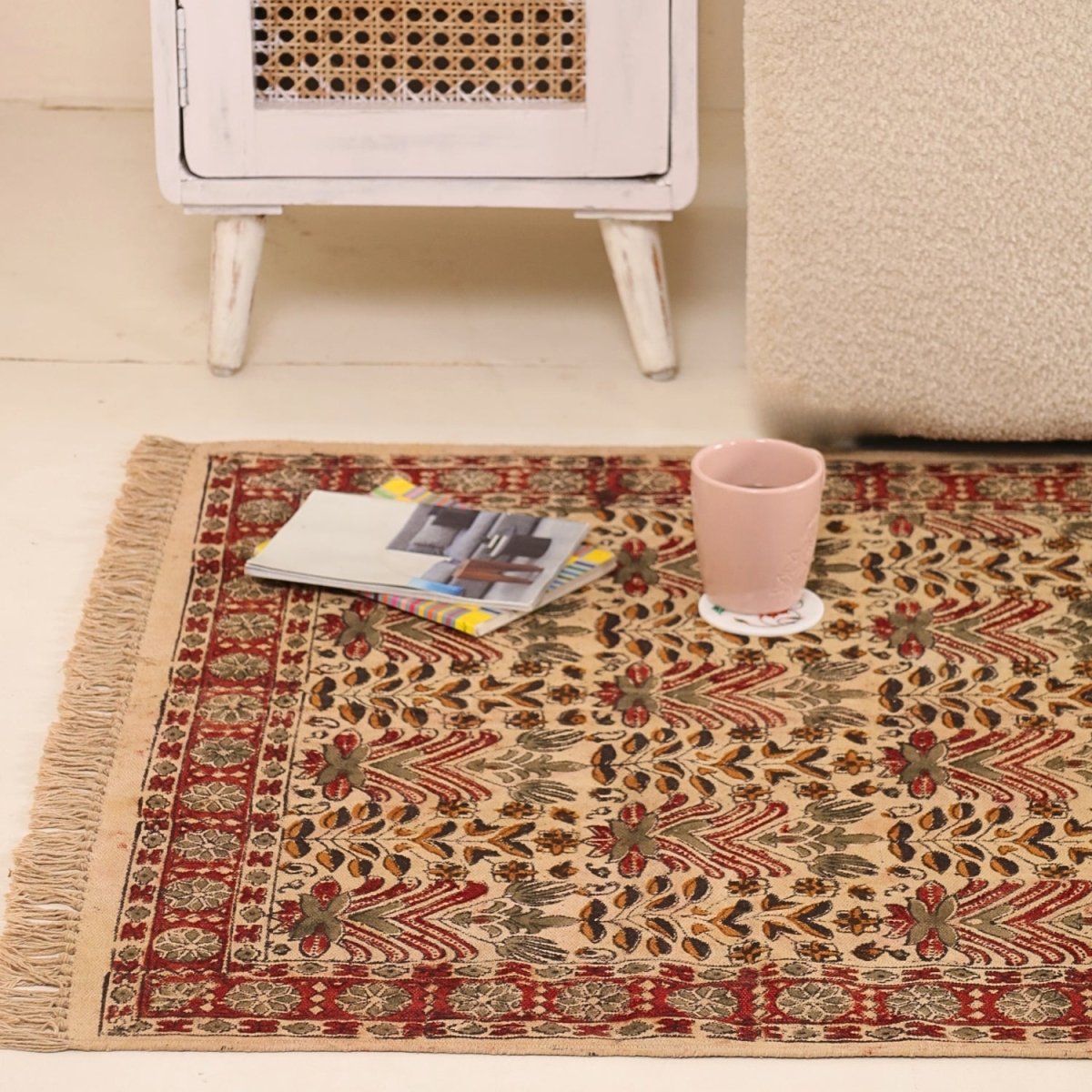 Handmade Cotton Rugs In Floral Kalamkari Print | Handmade In India