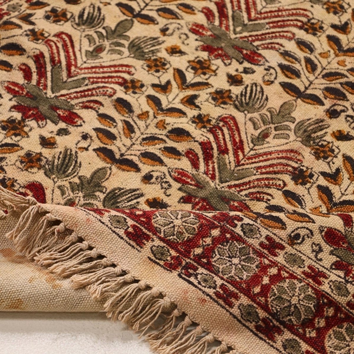 Handmade Cotton Rugs In Floral Kalamkari Print | Handmade In India