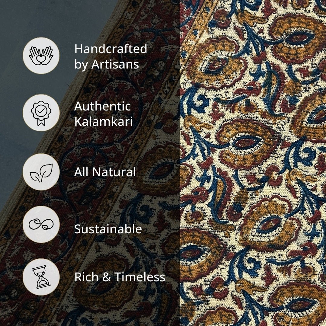 Handmade Cotton Rugs With A Floral Kalamkari Print In Ochre And Indigo | Handmade In India