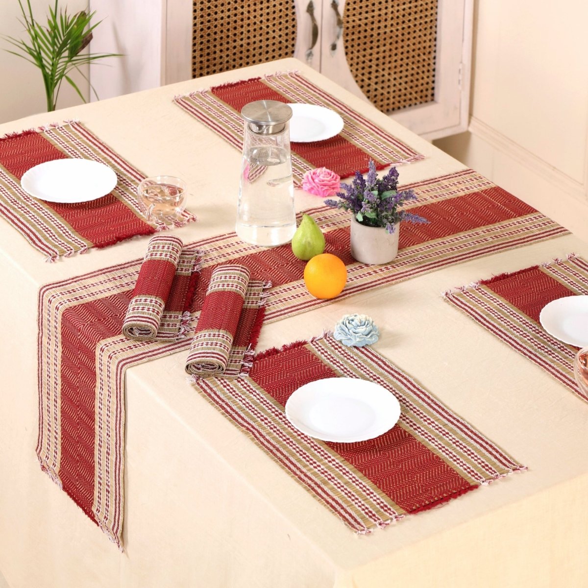 Handmade Dining Table Mats and Table Runner in Maroon Set of 6 and 4 | Eco Friendly Tableware Sustainably Handwoven from Natural Grass