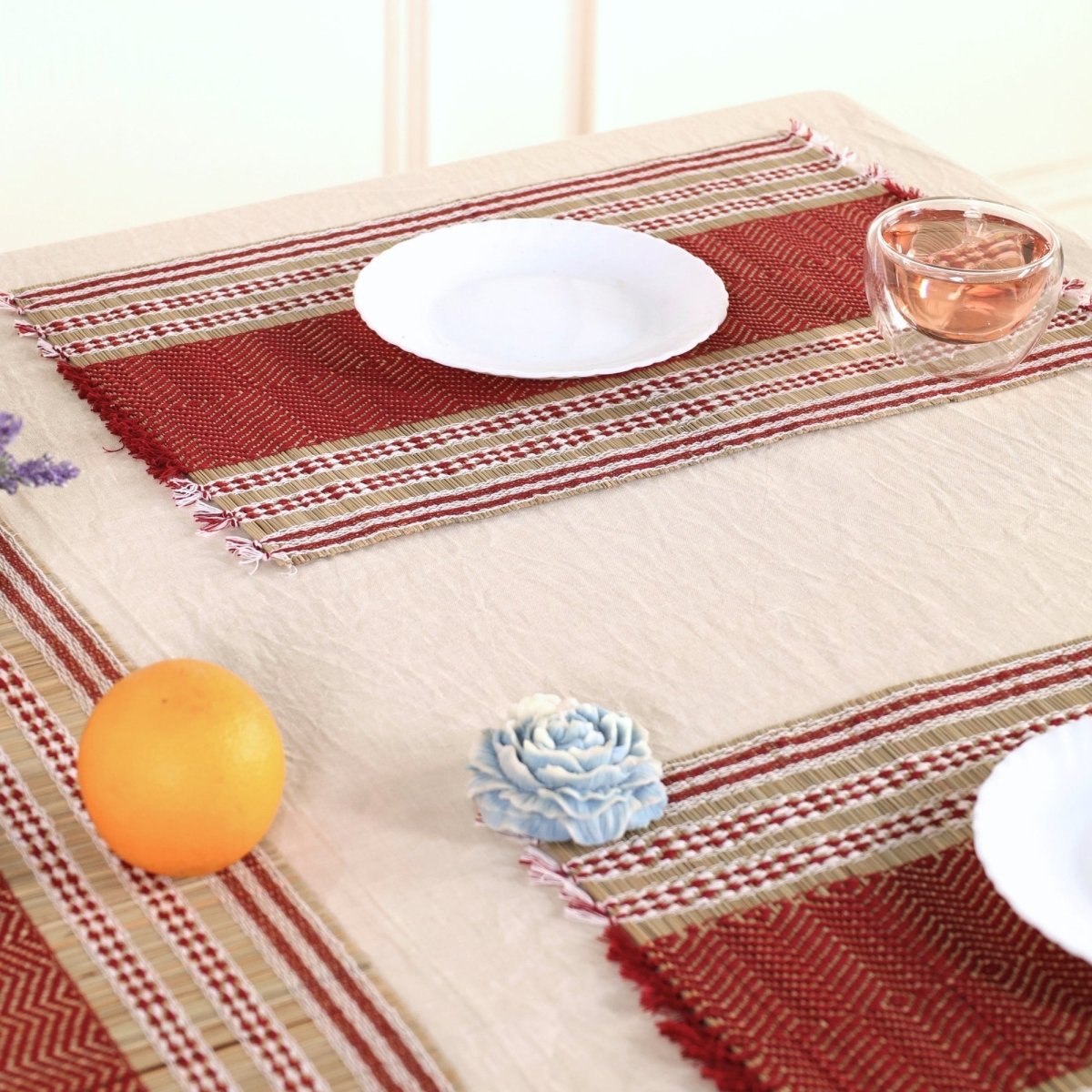 Handmade Dining Table Mats and Table Runner in Maroon Set of 6 and 4 | Eco Friendly Tableware Sustainably Handwoven from Natural Grass